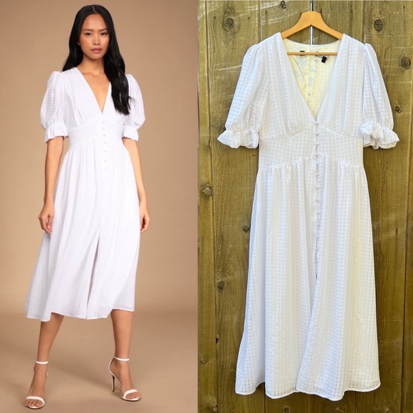 Lulus Dresses & Skirts - White Gingham Puff Sleeve Button-Up Midi Dress 🌿